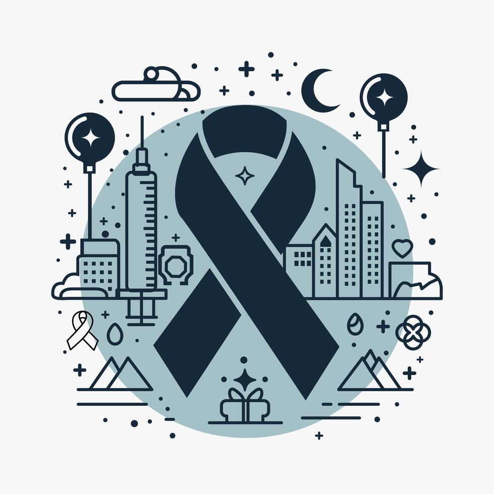 a black ribbon with the words awareness and a city skyline, a icon design for a world health. aids. cancer. day, a black and white logo with a peace symbol vector