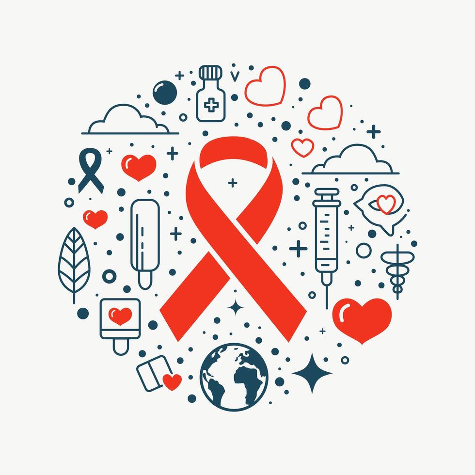 red ribbon with medical icons around it for a world health. aids. cancer and woman day, a circle with the words breast cancer day on it. vector