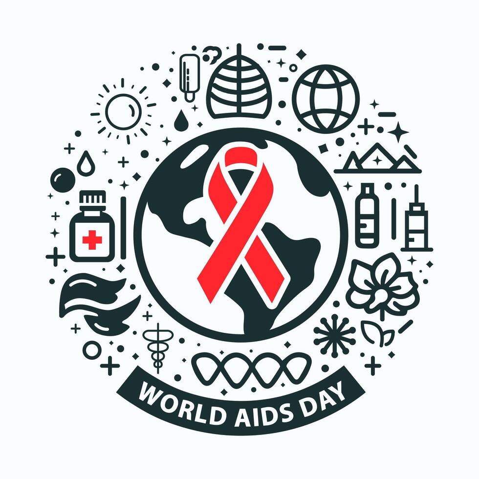 world aids day logo with red ribbon and other medical symbol symbols black colour, a circle of world aids day poster with a red ribbon around it vector