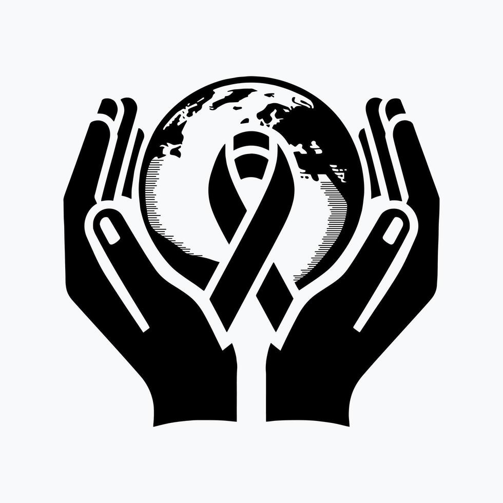 hands holding a globe with a ribbon around it icon deign for a world health. aids. cancer. day,, hand and symbol of peace vector