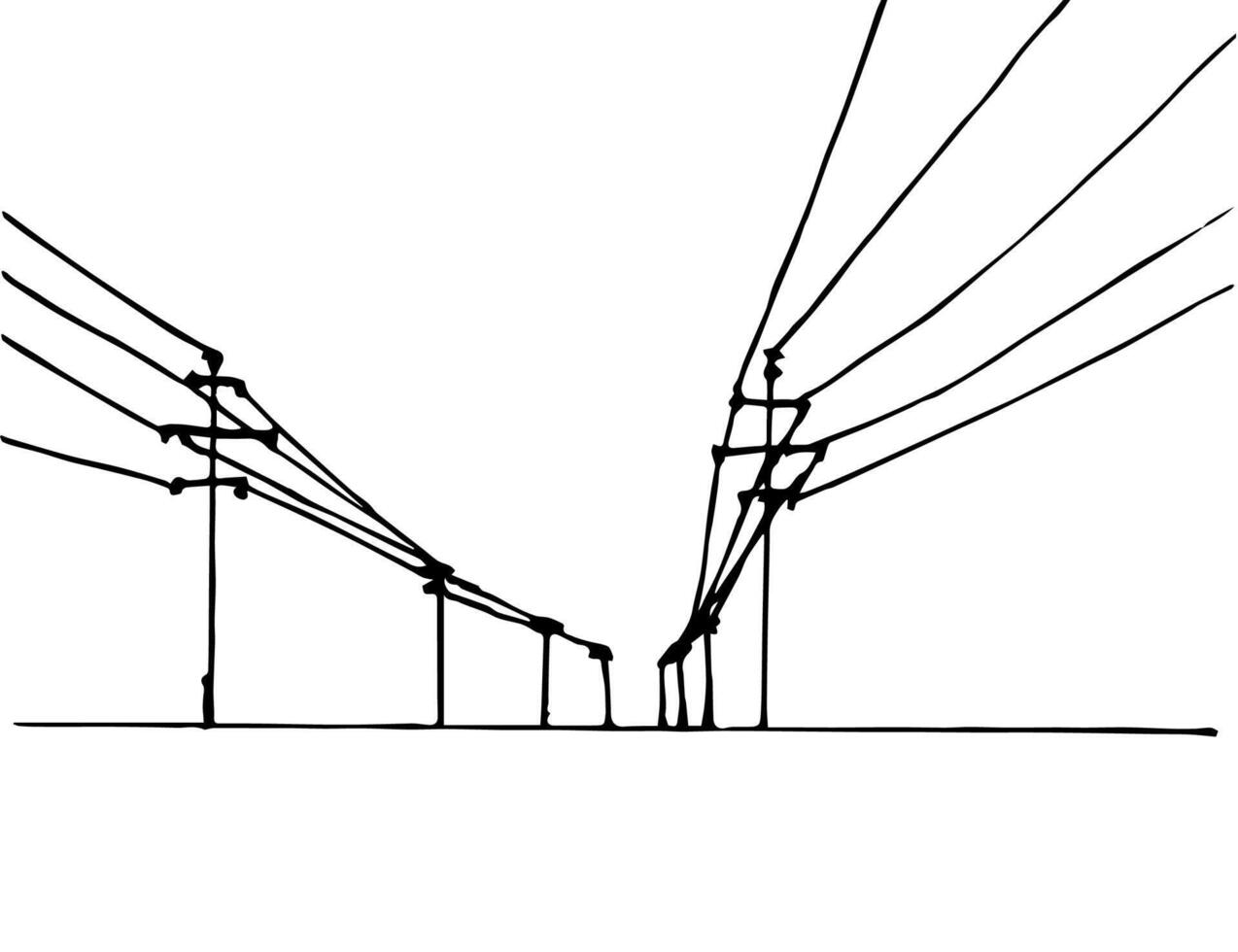 Hand-drawn ink simple drawing. Poles with electrical wires, perspective, horizon, black outline on a white background. Connection, electrification. vector