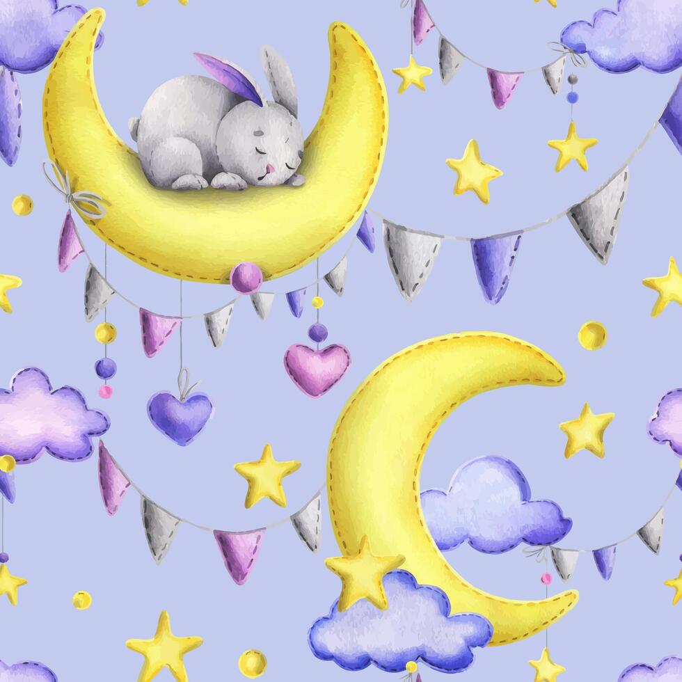 A cute gray stitched bunny lies and sleeps on a yellow moon with the garland flags, hearts hanging on ropes with bows. Watercolor illustration, hand drawn. Seamless pattern on a lilac background. vector
