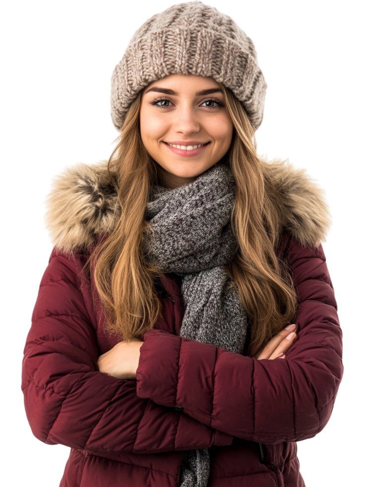 A beautiful young woman in a winter coat and hat png