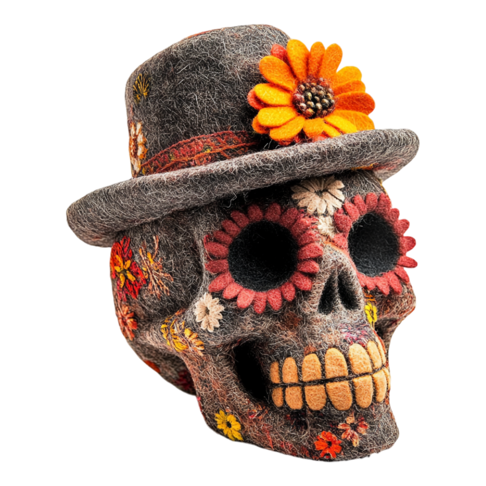 A skull with a hat and flowers on it png