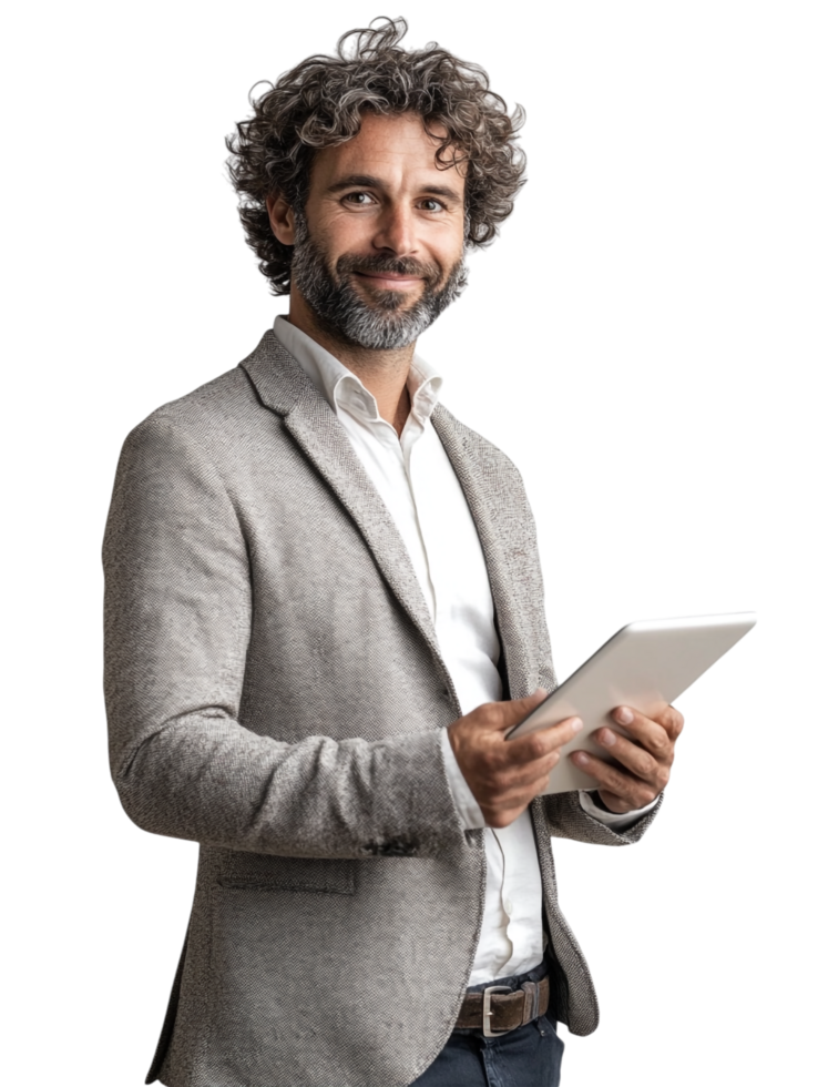 A man with a beard and suit holding a tablet png