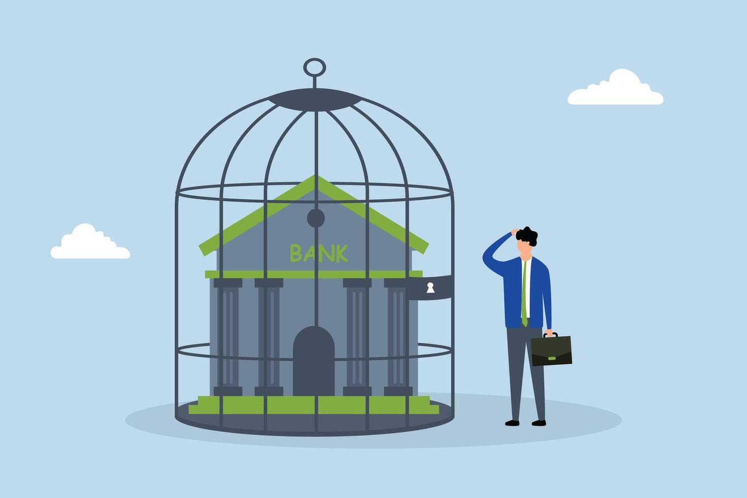 Financial sanction disconnect from SWIFT international money transfer, A businessman observes a bank building enclosed within a bird cage. vector