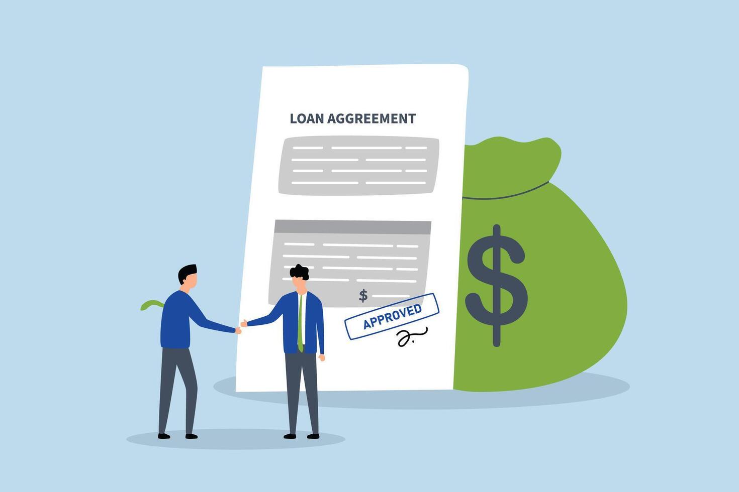Loan agreement borrow money from bank, businessman is shaking hands while holding a loan agreement and a bag of money. vector