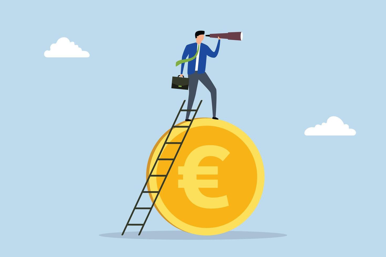 Europe economy forecast, Businessman investor ascends ladder on Euro coin while using telescope to gain better insight. vector