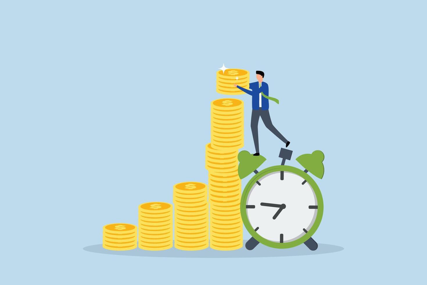 Long term investing, businessman placed additional dollar coins into his savings to grow his money on an alarm clock. vector