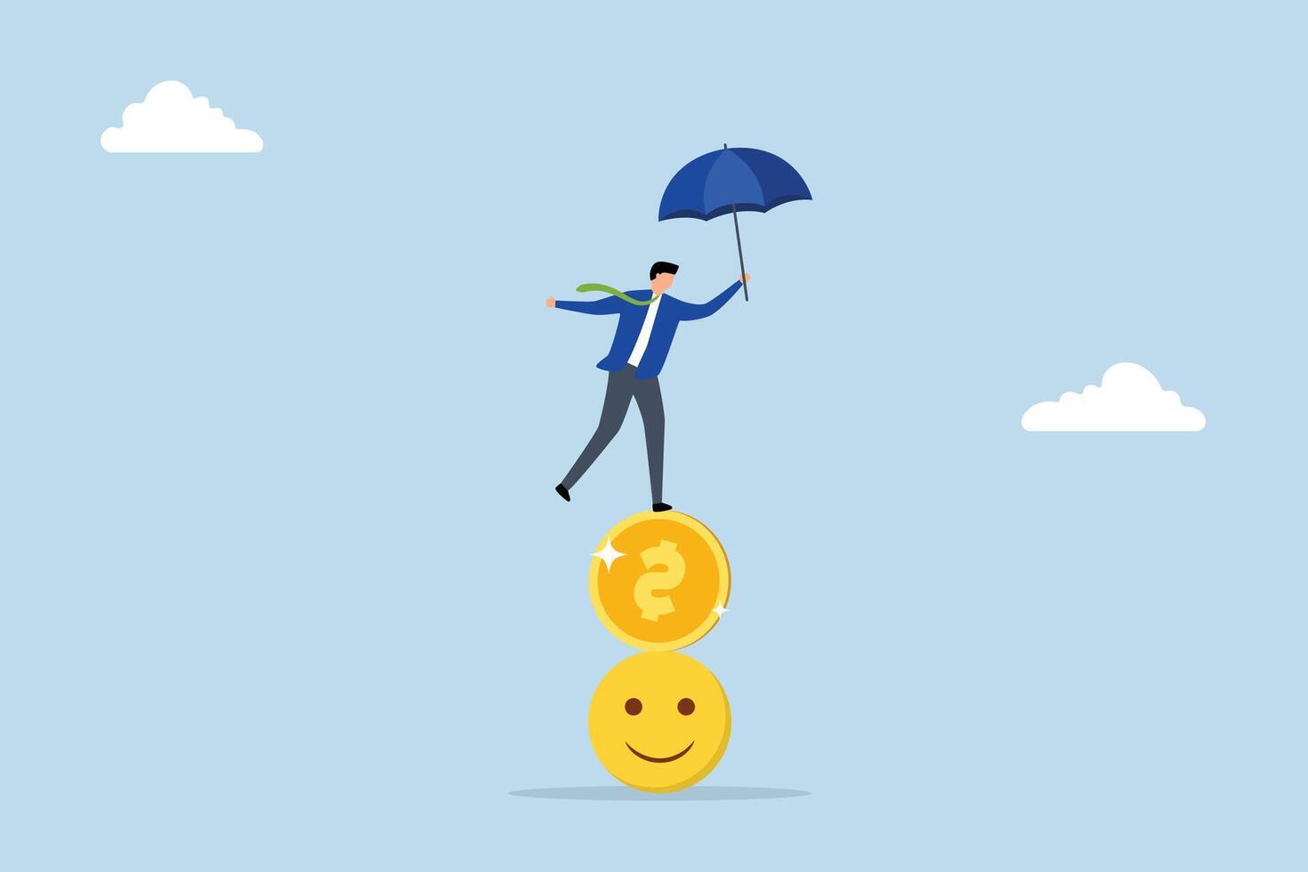 Balance between money and happiness, Businessman with an umbrella balancing on top of a pile of smiley faces and dollar coins. vector