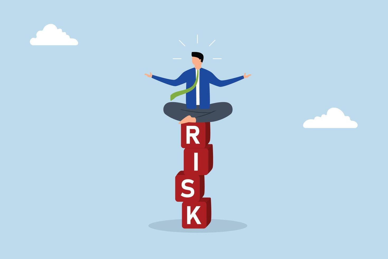 Risk management, businessman investor calmly focuses on a pile with the word RISK while meditating. vector