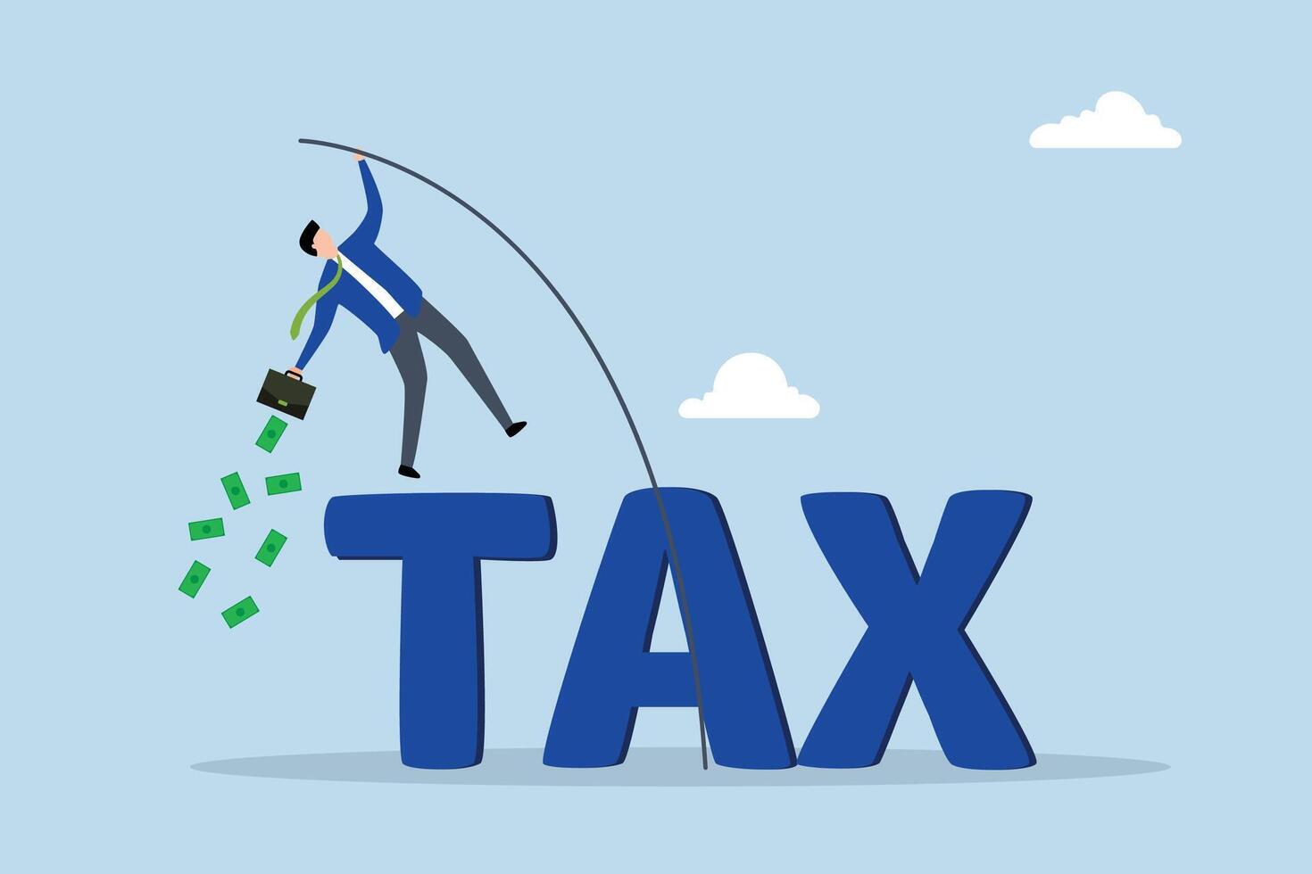 Overcome tax problem, businessman holding a briefcase full of money confidently pole vaults over the word TAX. vector