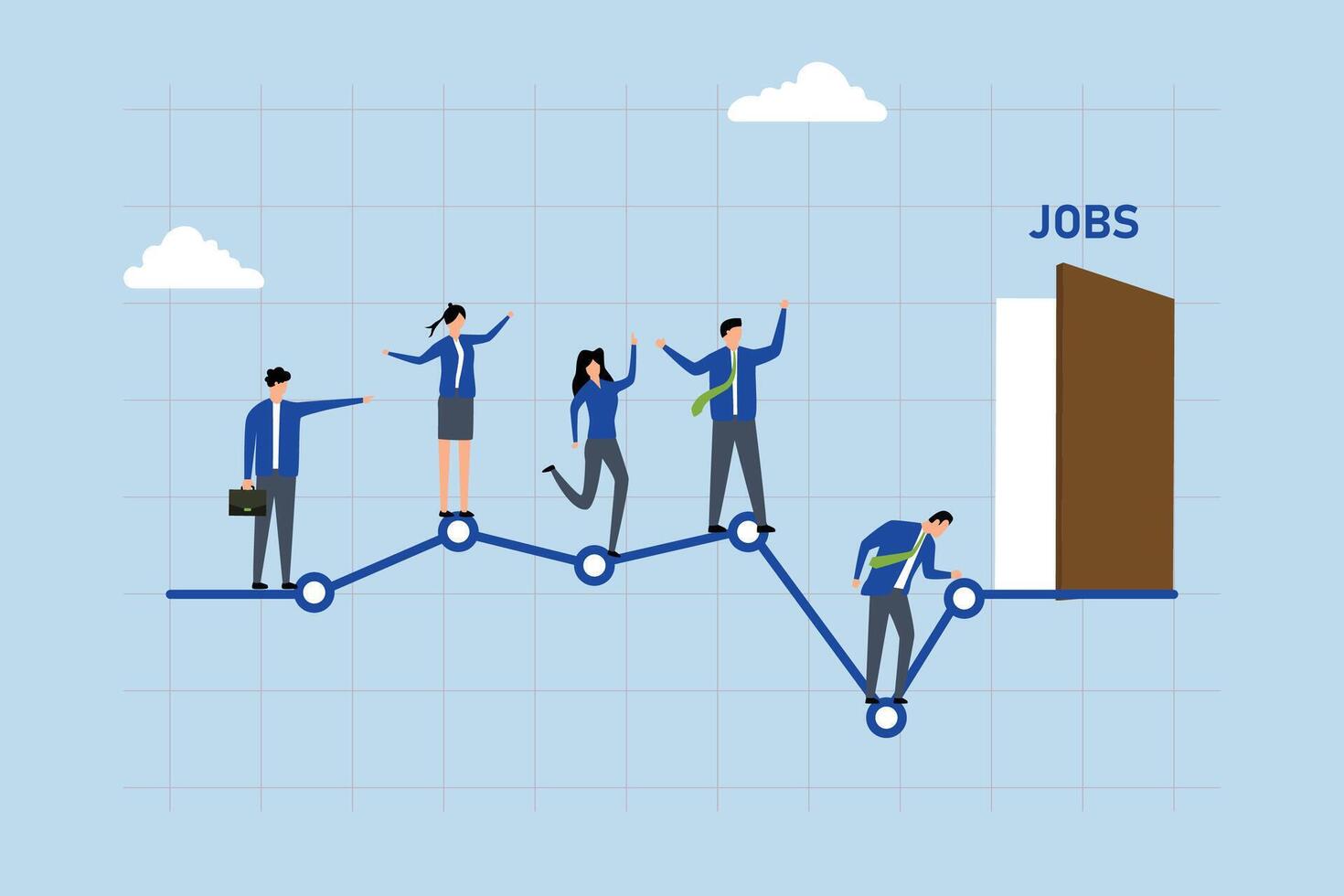 Unemployment rate, Entrepreneurs stand in line on a graph of unemployment, seeking employment opportunities. vector