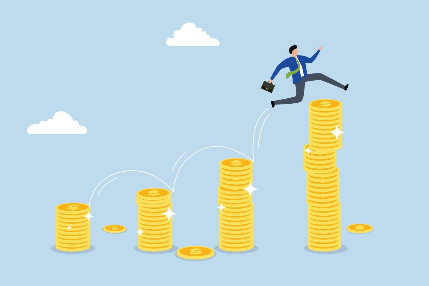Pay raise salary increase, Joyful businessman leaping on ascending pile of money coins. vector