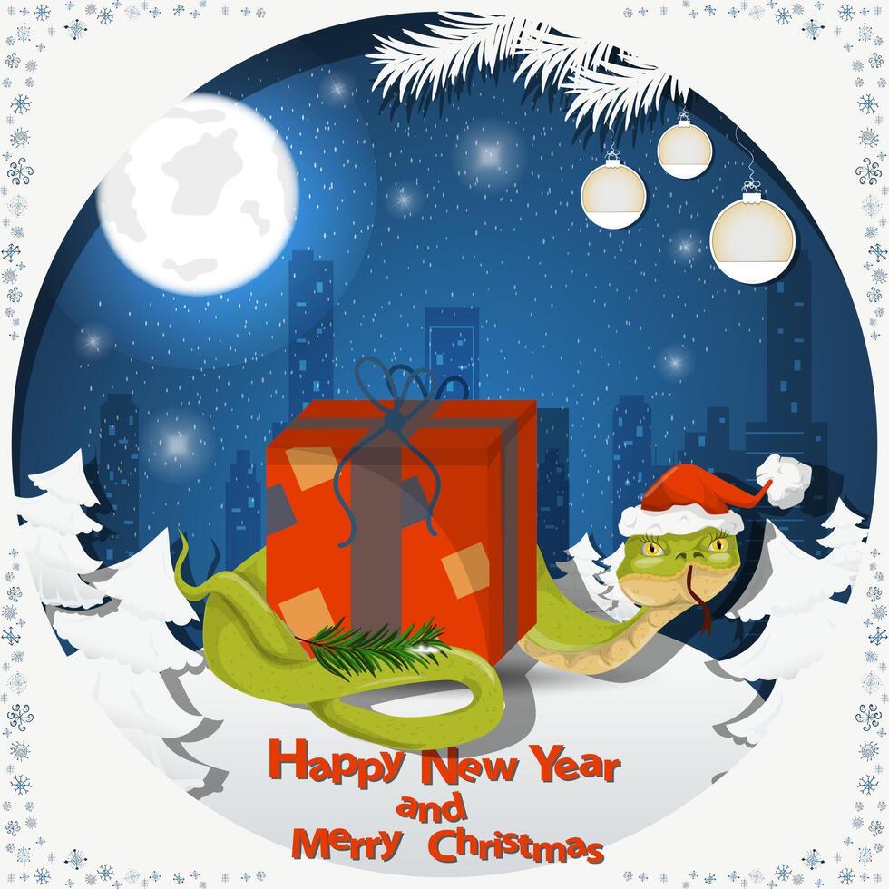 Illustration of the New Year and Christmas A snake wraps around a gift box at night among the fir trees in the snow in a clearing vector