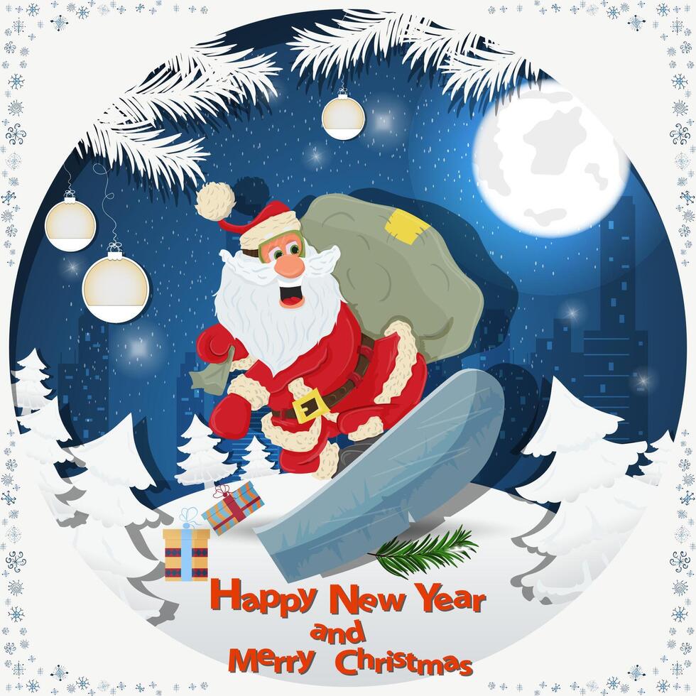 Illustration of the New Year and Christmas Santa Claus with a bag of gifts on a snowboard among fir trees in the snow in a clearing vector