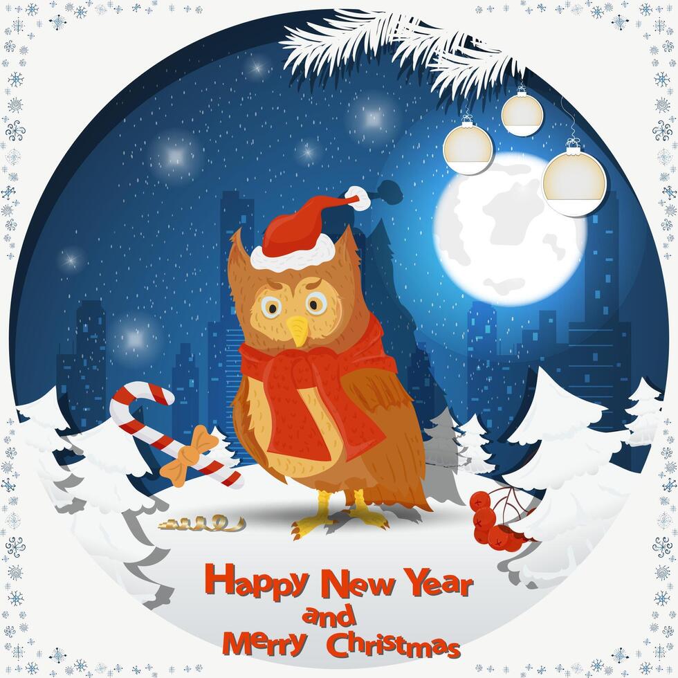 Illustration of the New Year and Christmas an Owl bird in a Santa hat among fir trees in the snow in a clearing vector