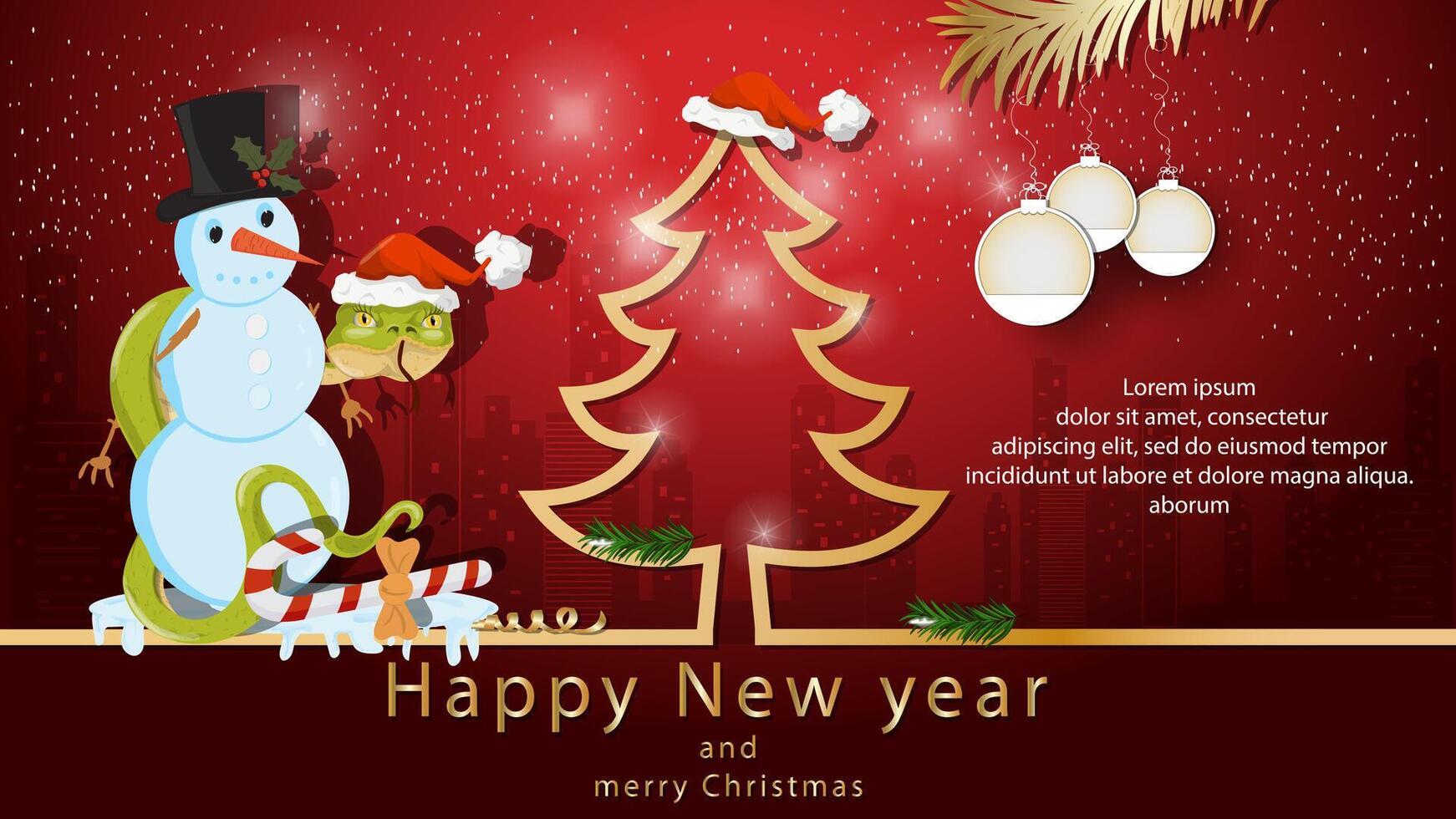Illustration of the New Year and Christmas A snake wraps around a Snowman next to a spruce tree in the form of a contour vector