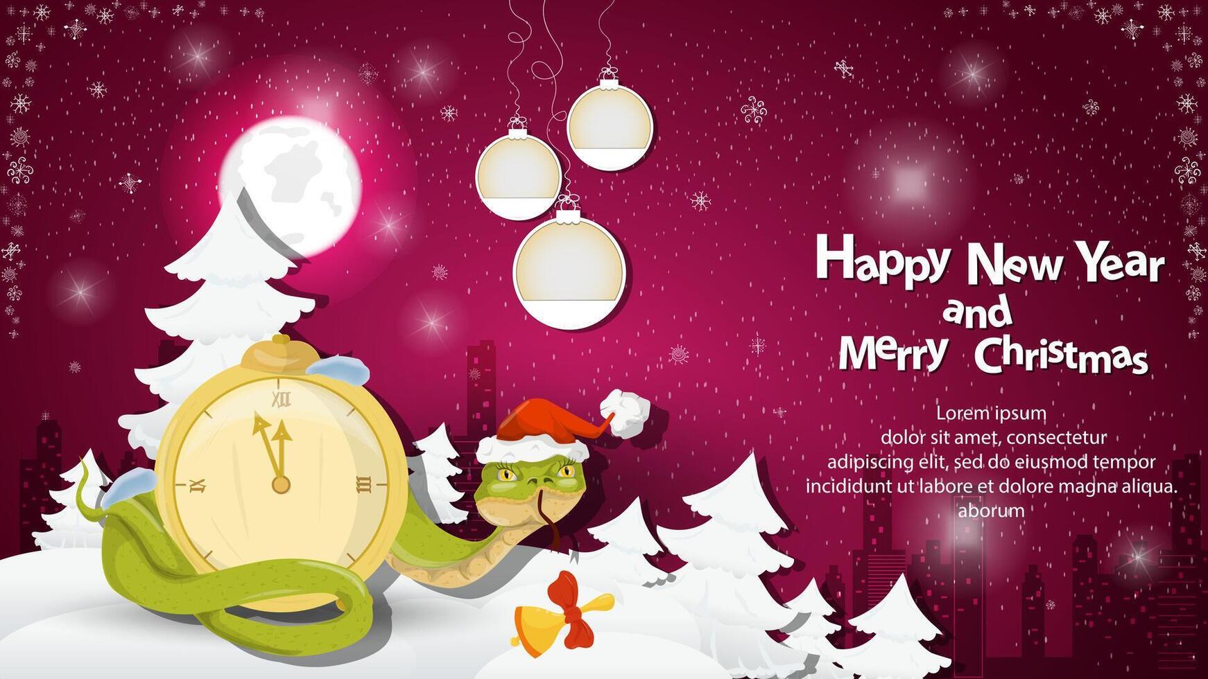 Illustration of the New Year and Christmas A snake wraps around a clock in a snowy clearing among the trees vector