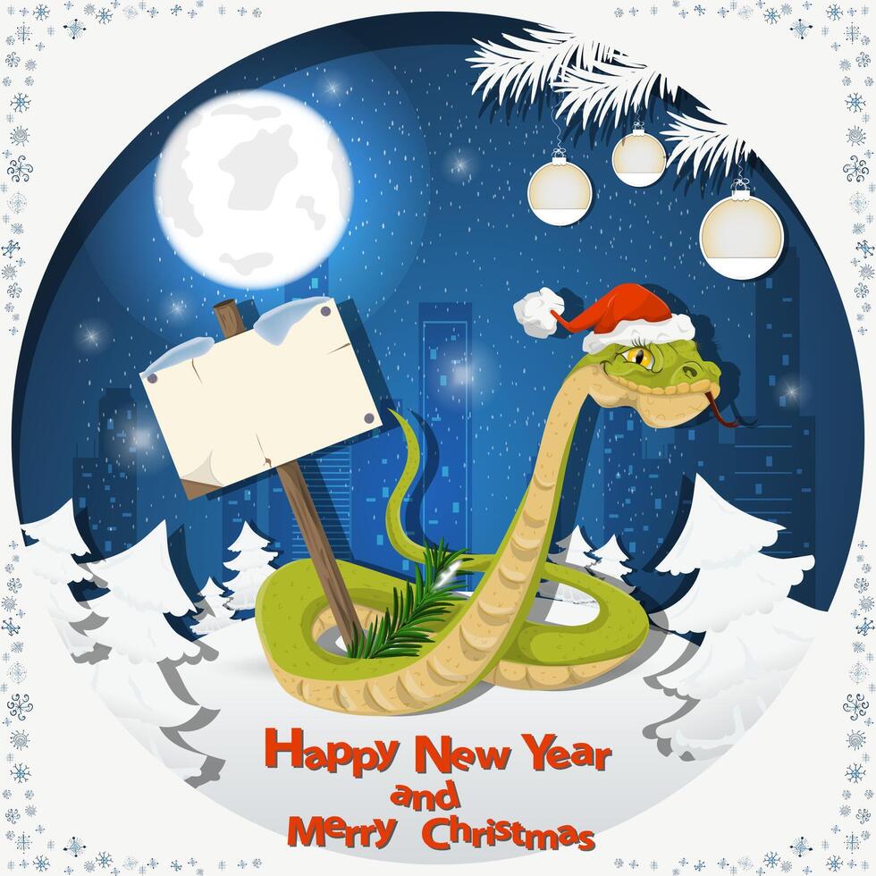 Illustration of the New Year and Christmas A snake holding a wooden sign at night among the fir trees in the snow in a clearing vector