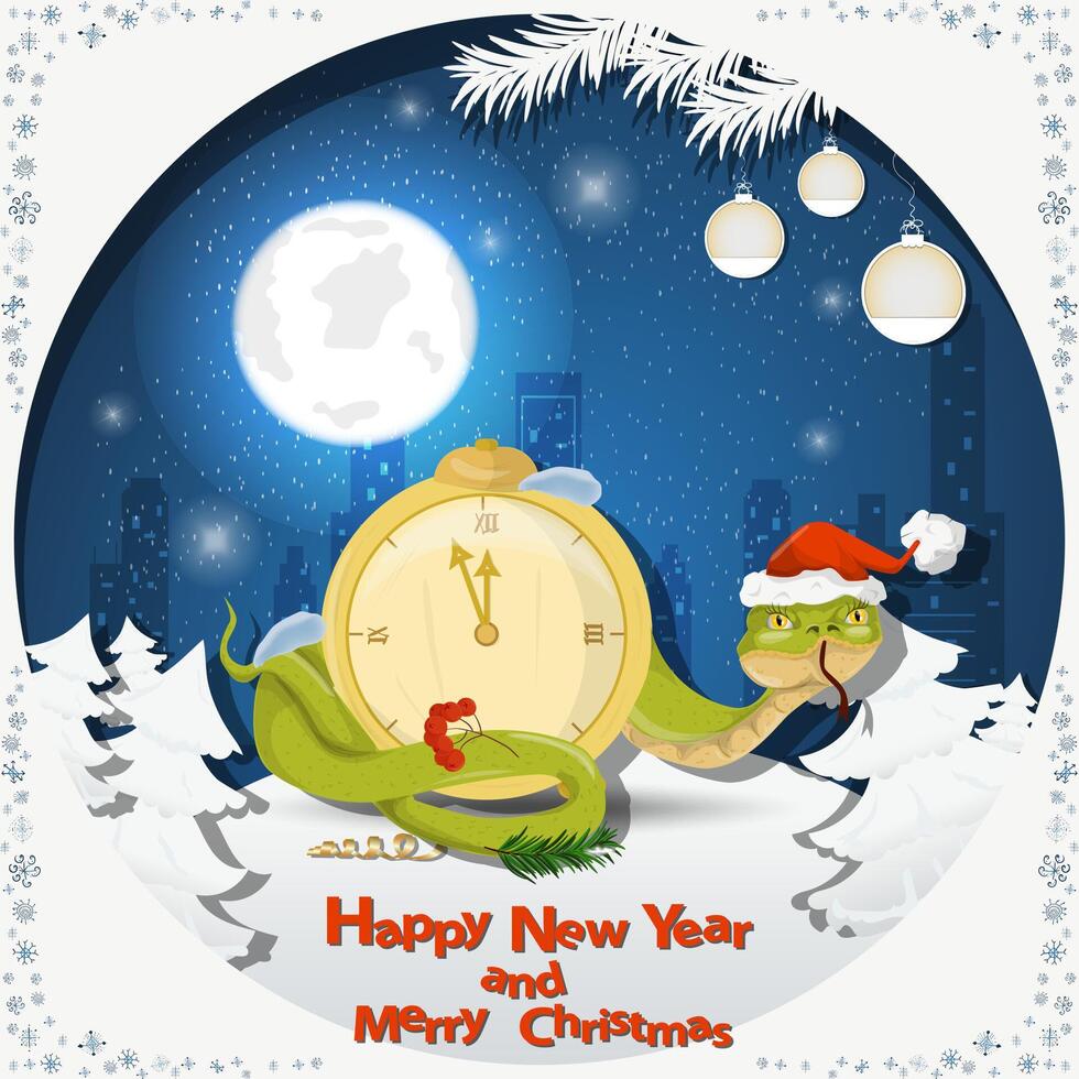 Illustration of the New Year and Christmas A snake wraps around the clock at night among the fir trees in the snow in a clearing vector