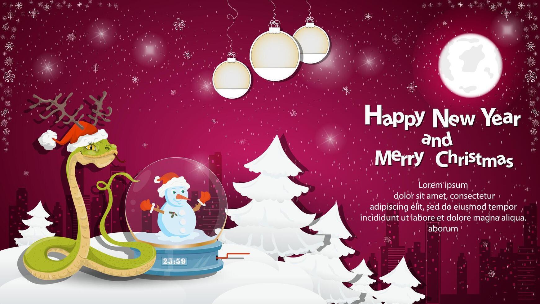Illustration of the New Year and Christmas A snake next to a glass ball at night in a snowy clearing among the trees vector