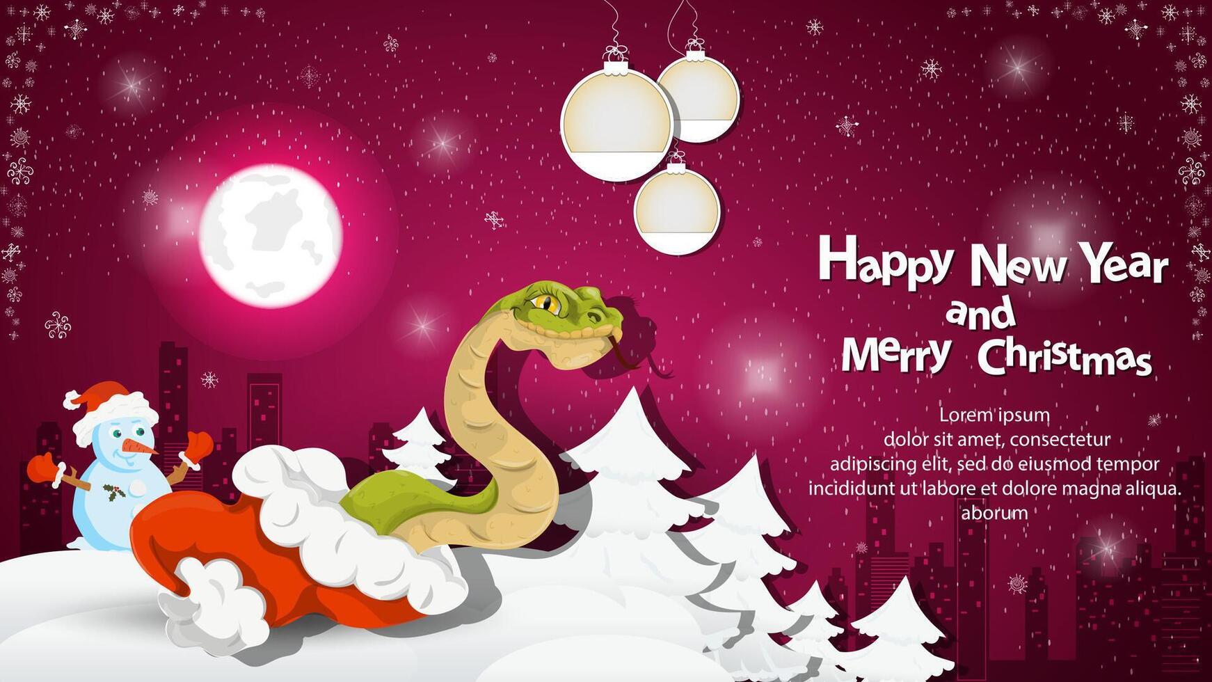 Illustration of the New Year and Christmas A snake crawls out of Santa Claus hat in a snowy clearing among the trees vector