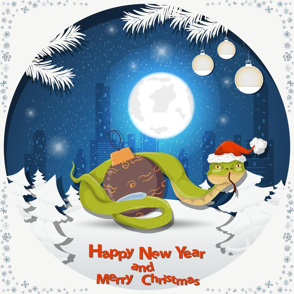 Illustration of the New Year and Christmas A snake wraps around a Christmas tree ball at night among the fir trees in the snow in a clearing vector