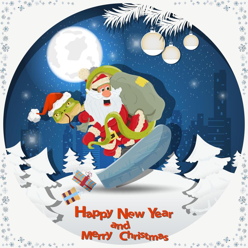 Illustration of the New Year and Christmas A snake and Santa snowboarding among fir trees in the snow in a clearing vector