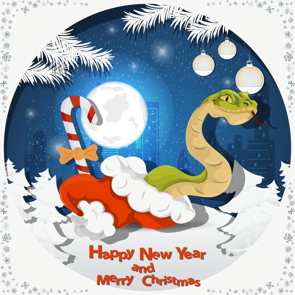 Illustration of the New Year and Christmas A snake crawls out of Santa Claus hat at night among the fir trees in the snow in a clearing vector