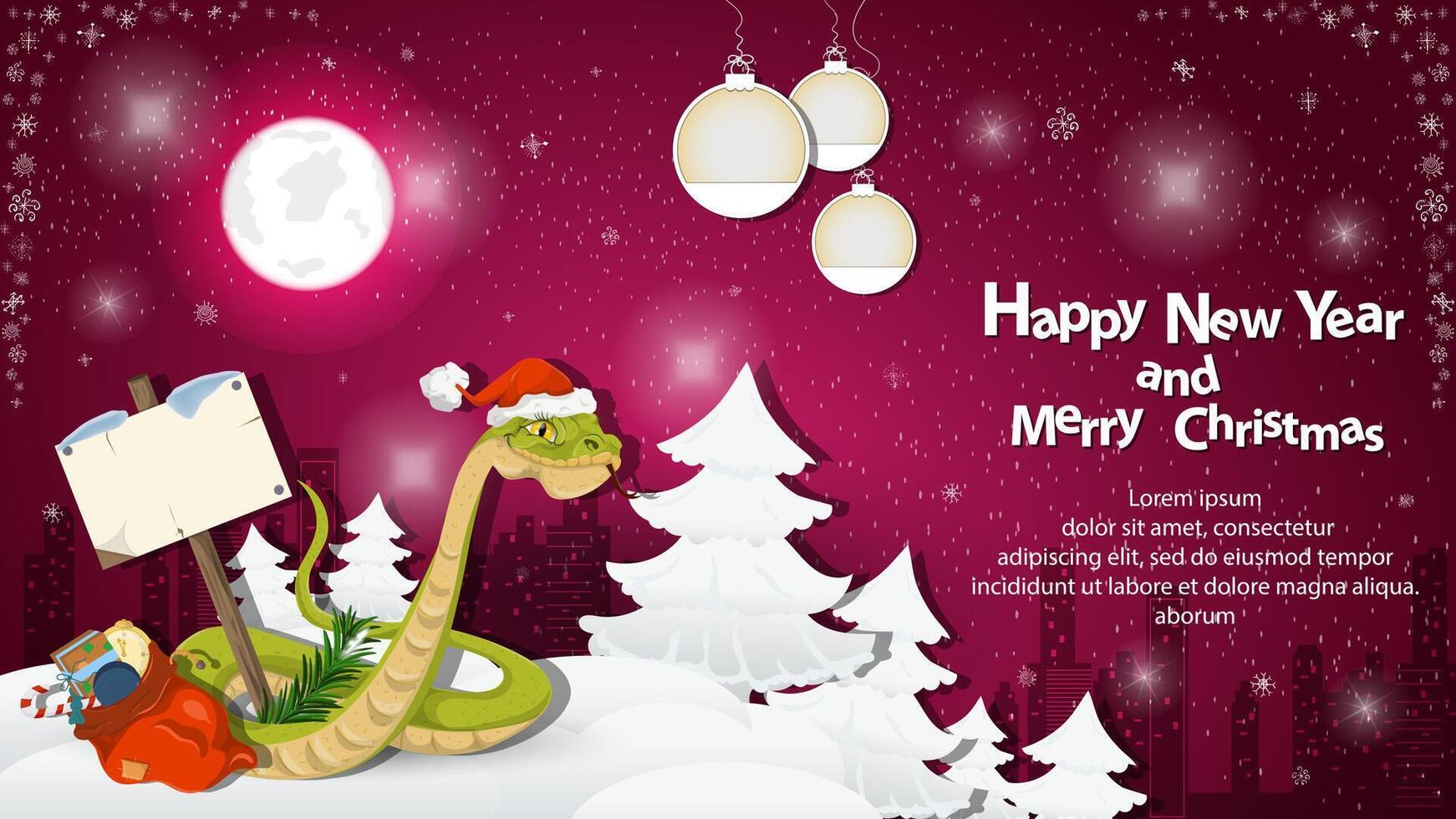 Illustration of the New Year and Christmas A snake wraps around a wooden sign in a snowy clearing among the trees vector