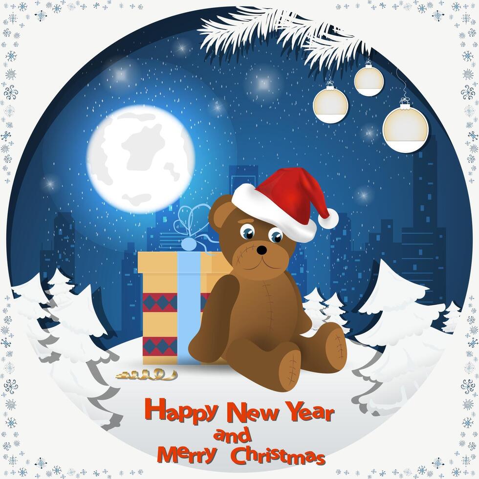 Illustration of the New Year and Christmas A toy bear in a Santa hat among the fir trees in the snow in a clearing vector