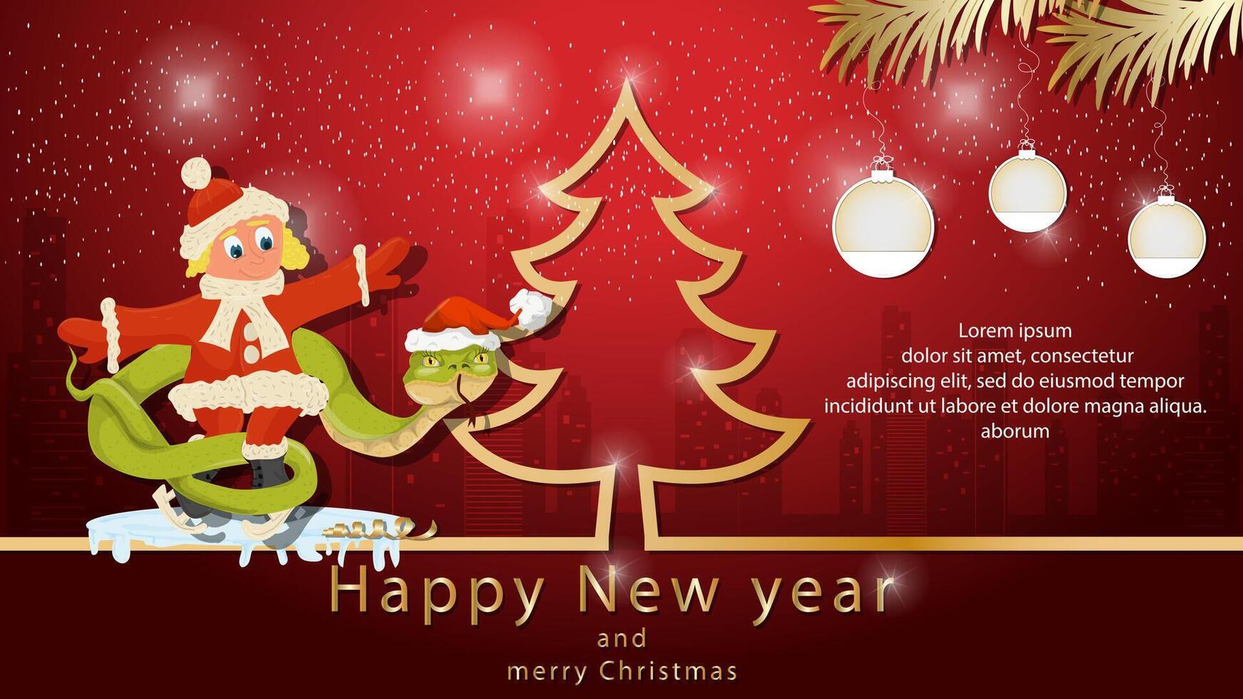 Illustration of the New Year and Christmas A snake wraps around a girl on skates next to a spruce tree in the form of a contour vector