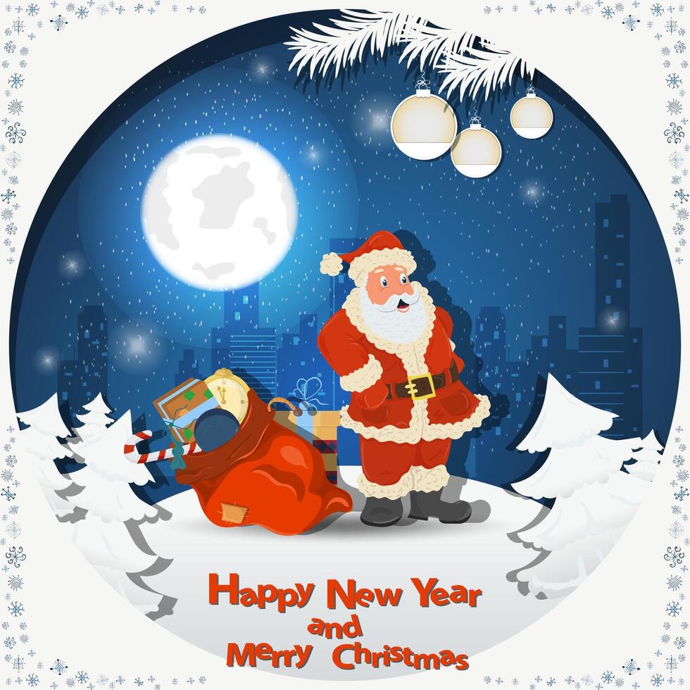 Illustration of the New Year and Christmas Santa Claus stands next to a bag of gifts among the fir trees in the snow in a clearing vector