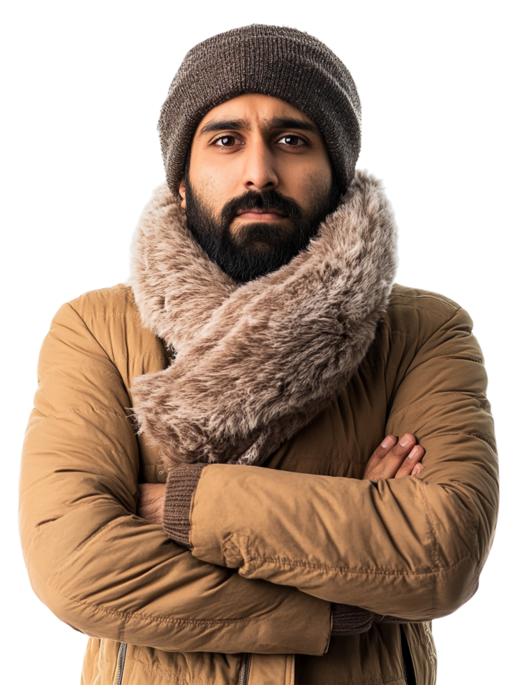 A man with a beard and a beanie wearing a winter jacket png