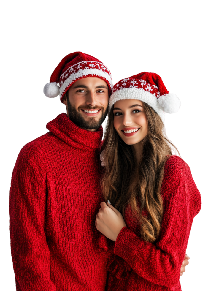 A man and woman in red christmas sweaters posing for the camera png