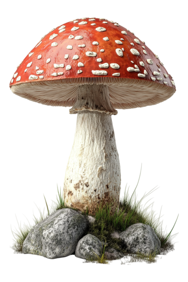 A red and white mushroom is sitting on top of a rock png