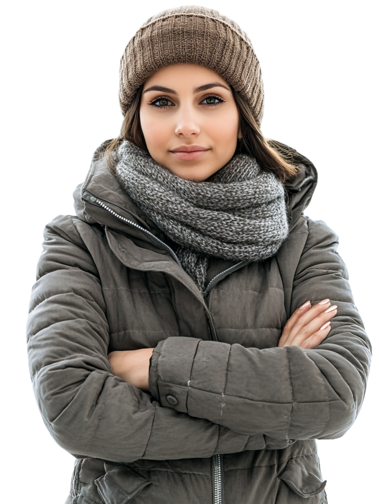 A woman in a winter coat and hat png
