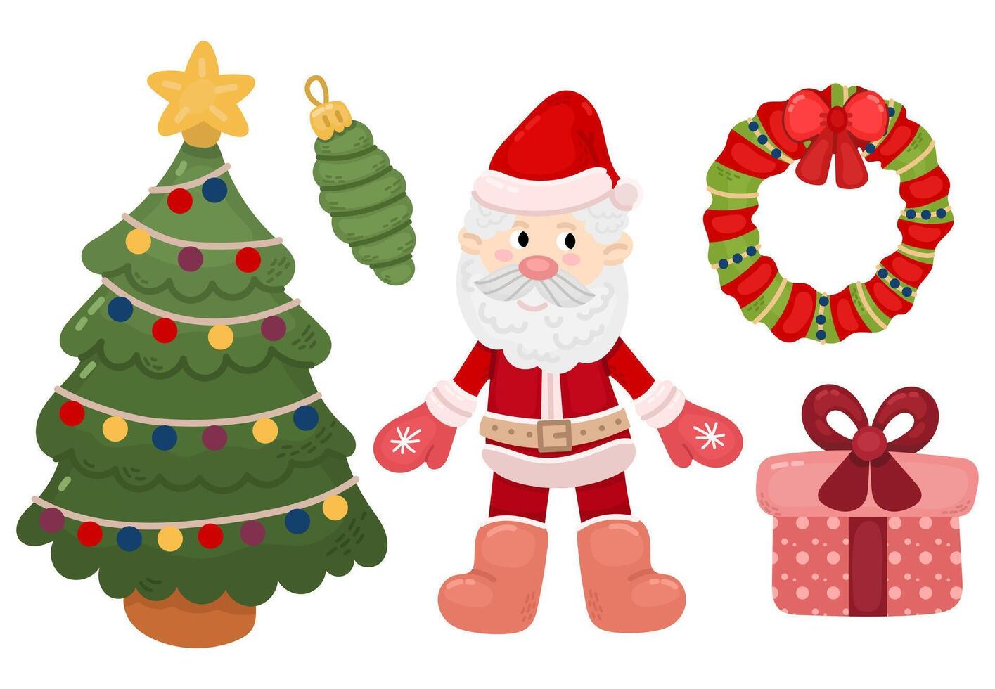 Cartoon Christmas set with Santa Claus, Christmas tree, gifts. Modern design vector