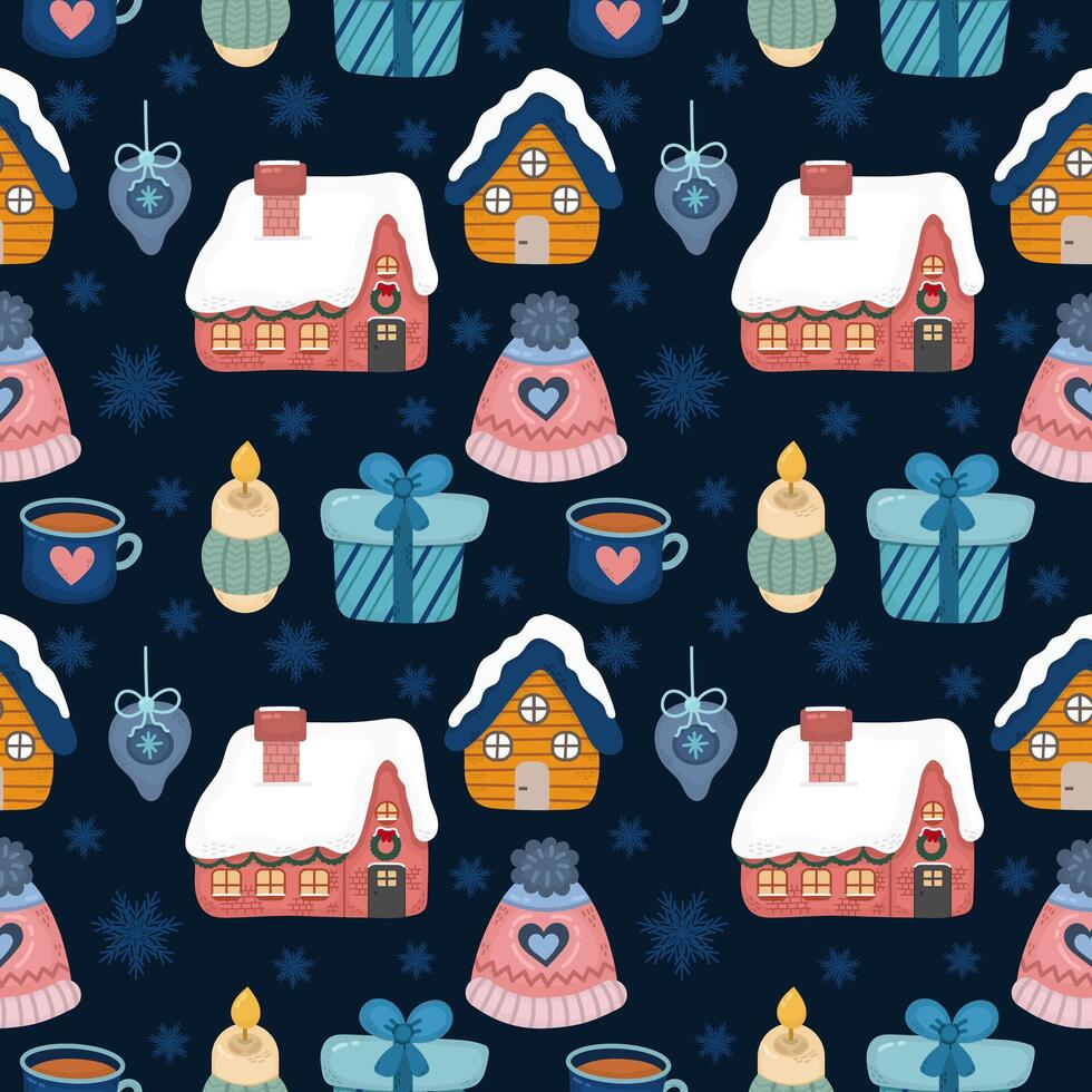 Seamless winter pattern in flat style with houses, snowflakes and Christmas elements. Bright colors and cozy atmosphere are perfect for textiles, packaging and holiday decorations. vector
