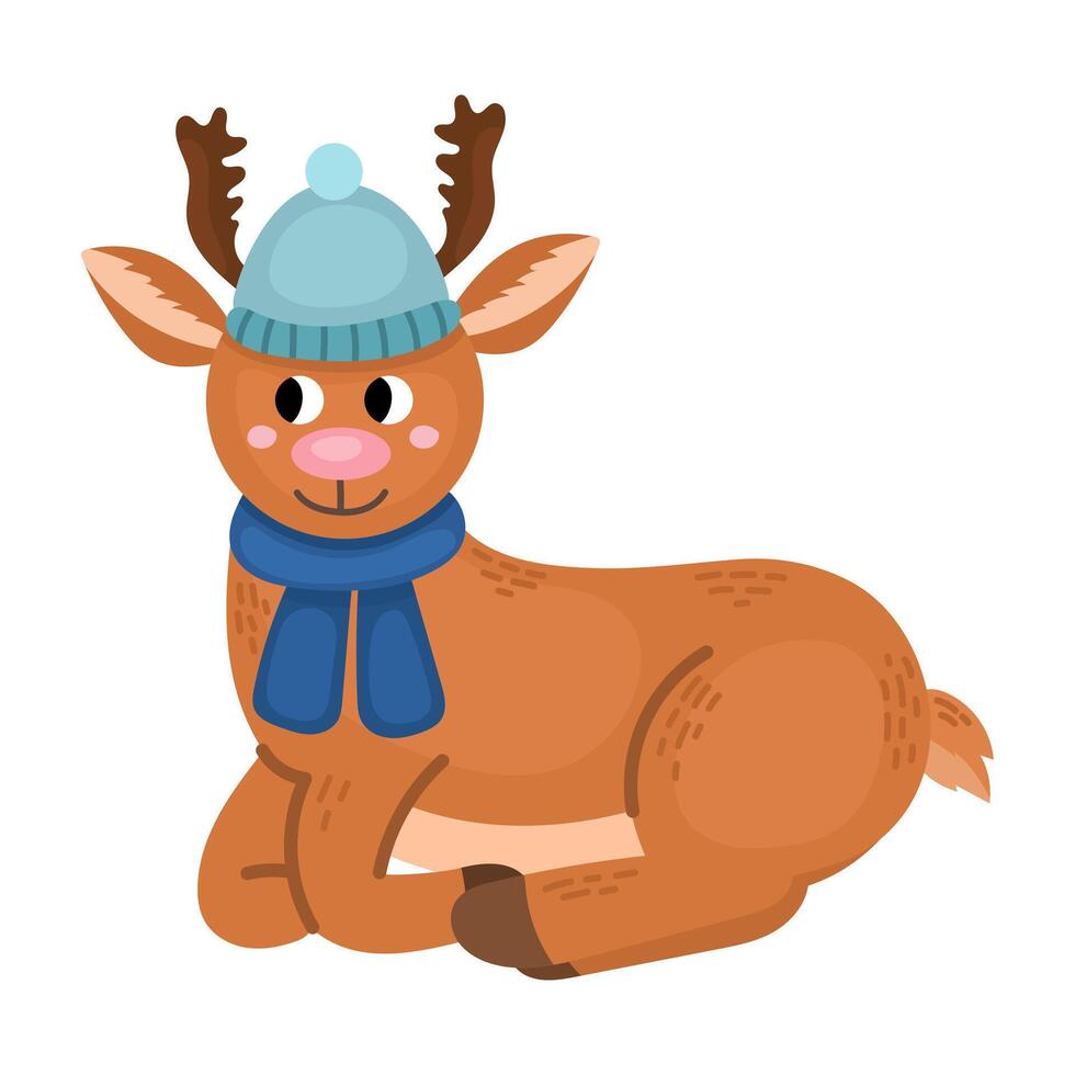 A cute Christmas deer in a kawaii winter suit. This adorable character with big eyes and a cozy scarf is perfect for creating a festive mood. vector