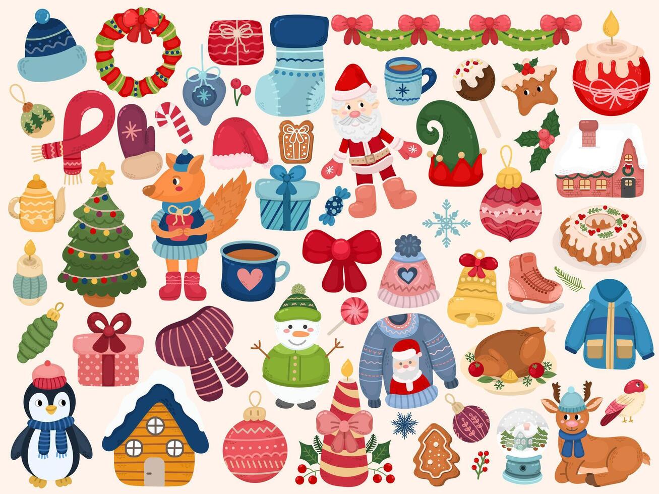Large flat style New Year's set bundle with various characters, Christmas tree decorations, gifts, snowflakes and New Year's accessories. Ideal for creating unique holiday designs, textiles and pack vector