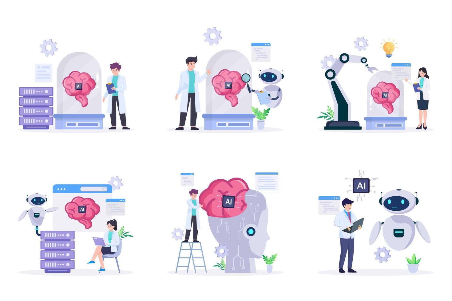 Scientist developing artificial intelligence robot illustration vector