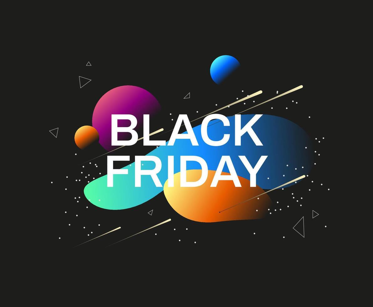 Black Friday design concept with colorful abstract shapes on dark background. Shopping event announcement vector
