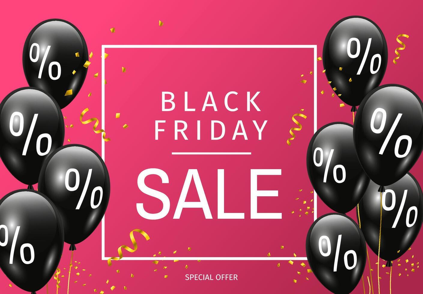 Black Friday Sale poster or web banner design with glossy black balloons and confetti on pink background vector
