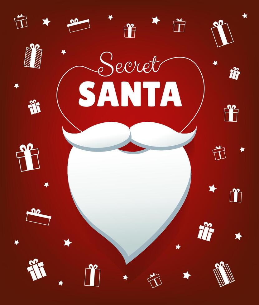 Secret Santa banner design with white beard and gifts on red background. Anonymous gift exchange for Christmas vector