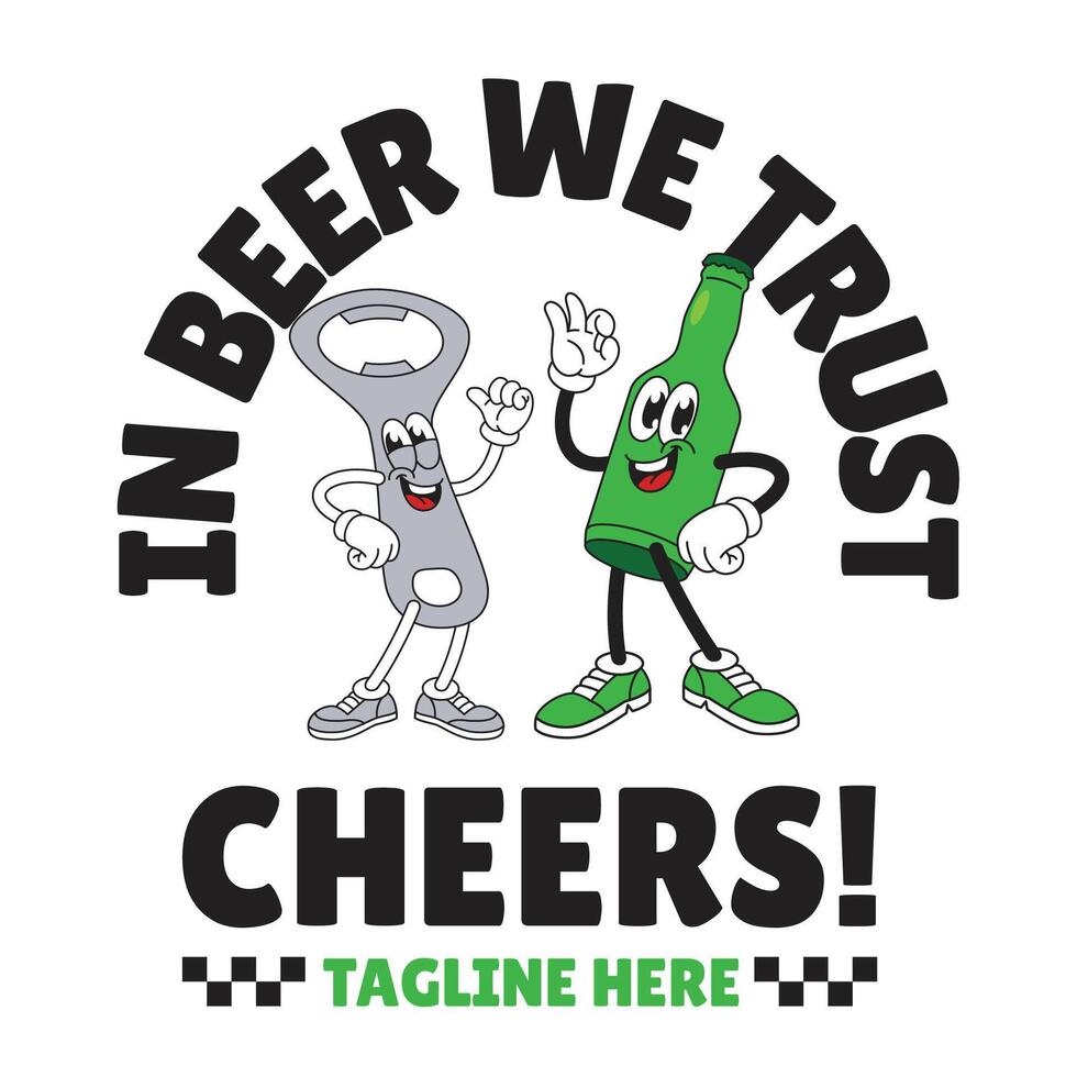 Shirt Design of Happy Beer Bottle and Opener Mascot Character vector