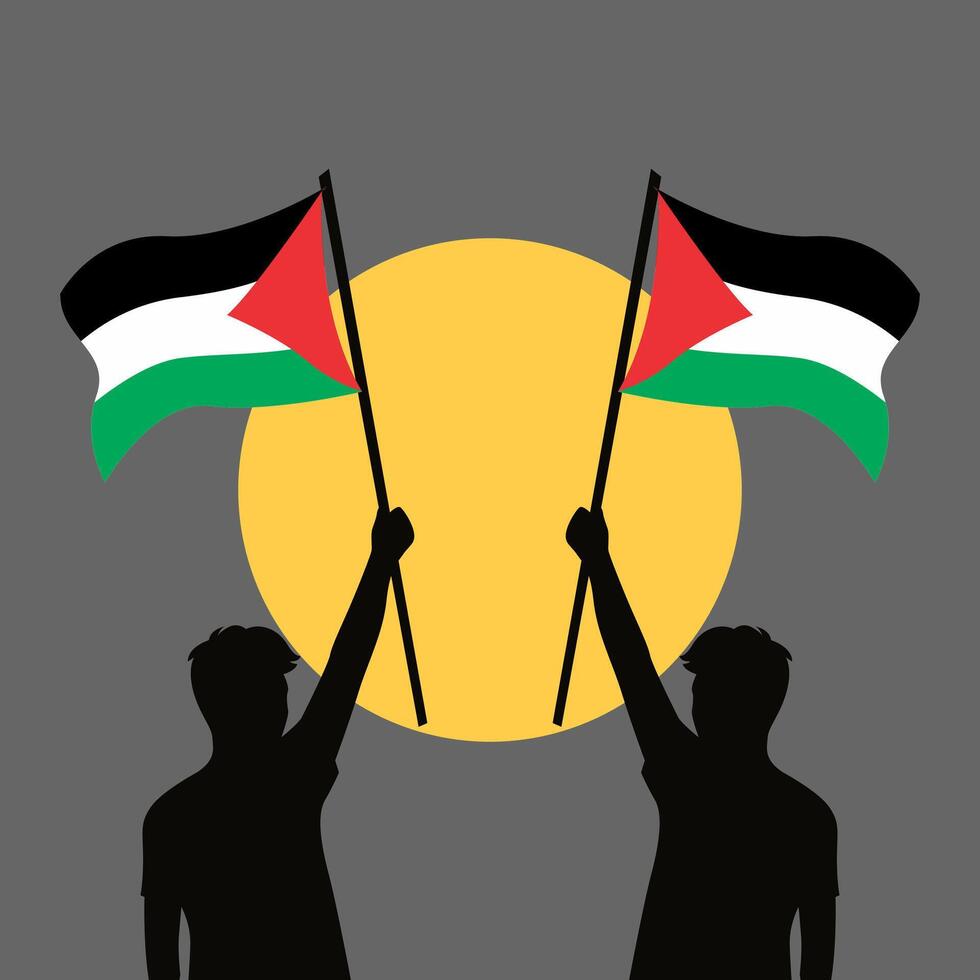 Two silhouetted figures raise Palestinian flags against a backdrop of a yellow circle on a grey background, symbolizing unity and hope vector