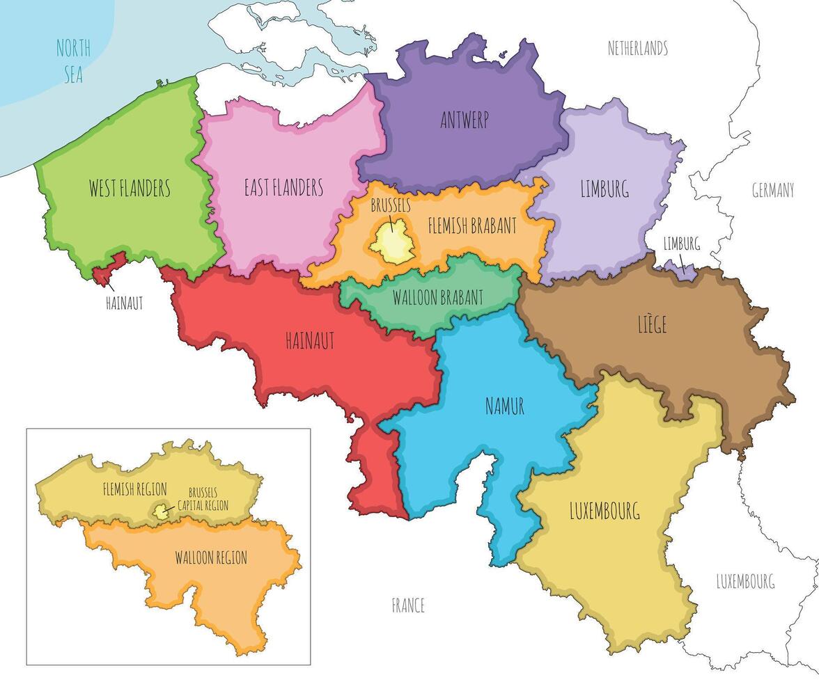 illustrated map of Belgium with regions, provinces and administrative divisions, and neighbouring countries and territories. Editable and clearly labeled layers. vector