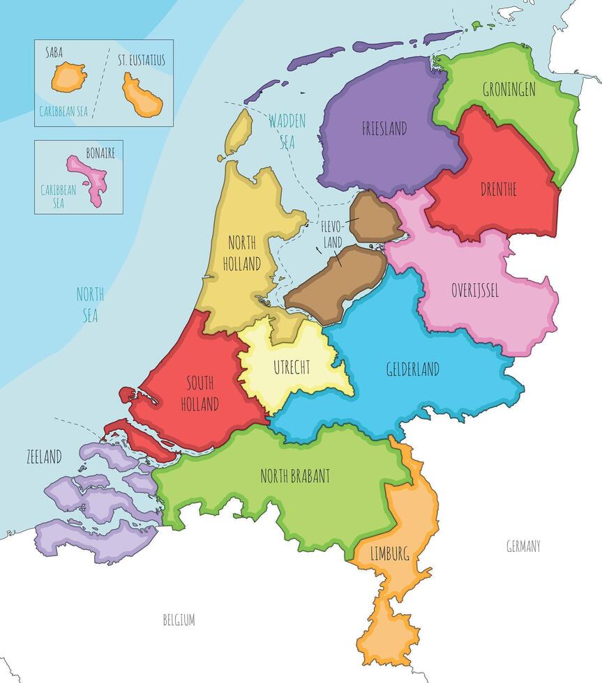 illustrated regional map of Netherlands with provinces, Caribbean special municipalities and administrative divisions, and neighbouring countries and territories. vector